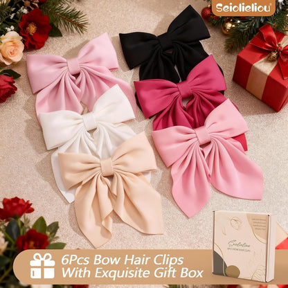 6Pcs Hair Bows for Women, Silky Satin Bow Hair Clips for Girls