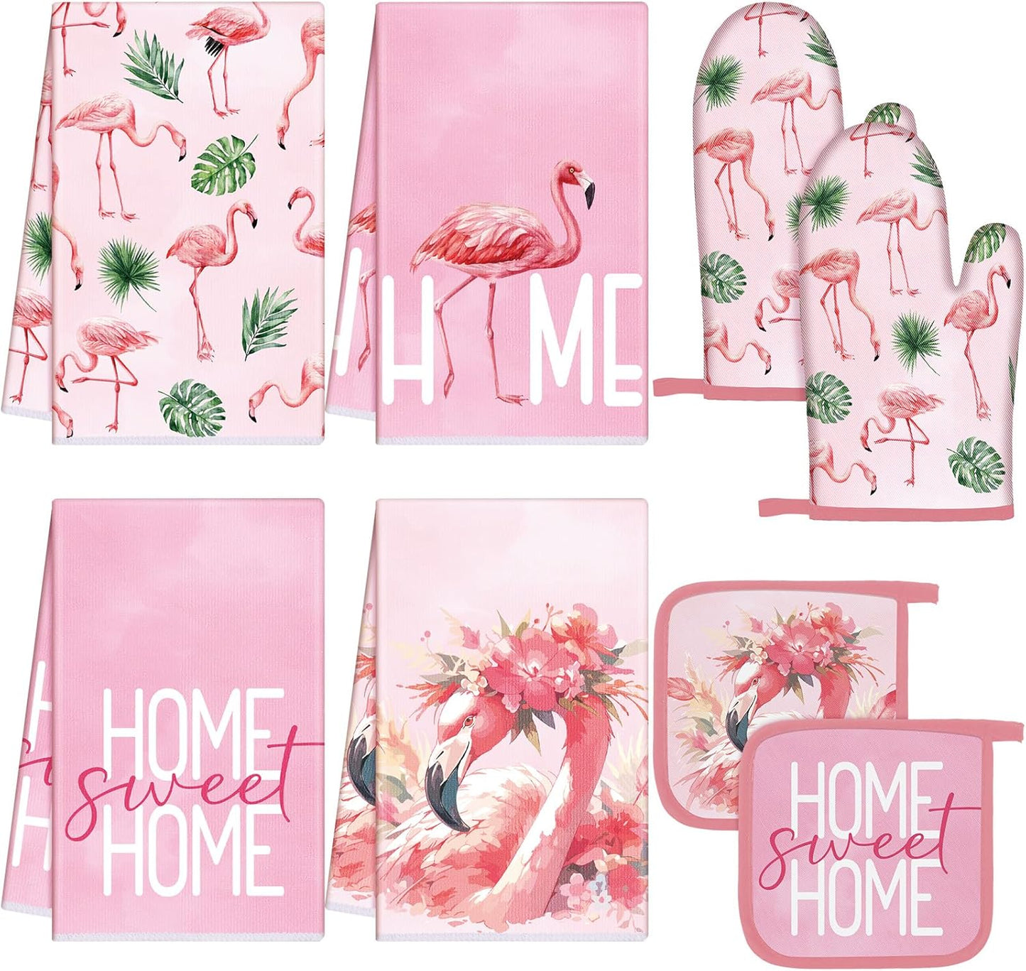 8 Pcs Flamingo Kitchen Decor Set Flamingo Dish Towels Pink Oven Mitts and Pot Holders Sets Summer Farmhouse Kitchen Decor for Housewarming Gift Cooking Baking Grilling