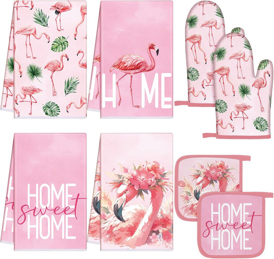 8 Pcs Flamingo Kitchen Decor Set Flamingo Dish Towels Pink Oven Mitts and Pot Holders Sets Summer Farmhouse Kitchen Decor for Housewarming Gift Cooking Baking Grilling