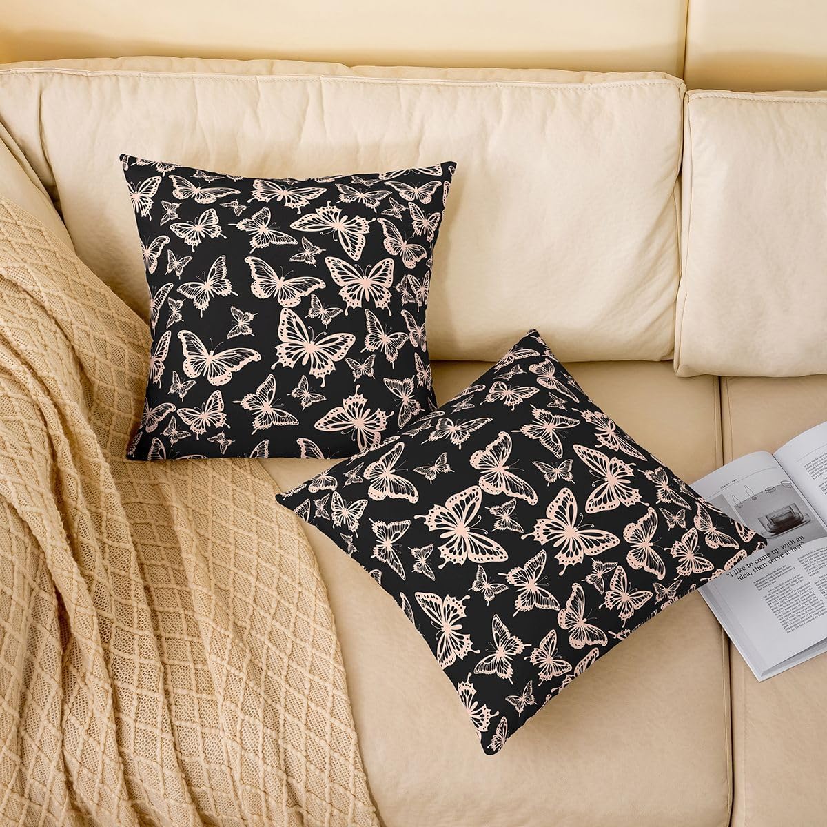 Girls Butterfly Throw Pillow Covers Set of 2 22"x 22" Kids Light Pink Cushion Case for Sofa Couch Bed Chair Car, Beautiful Butterflies Pattern Decor Pillowcase Room Decor