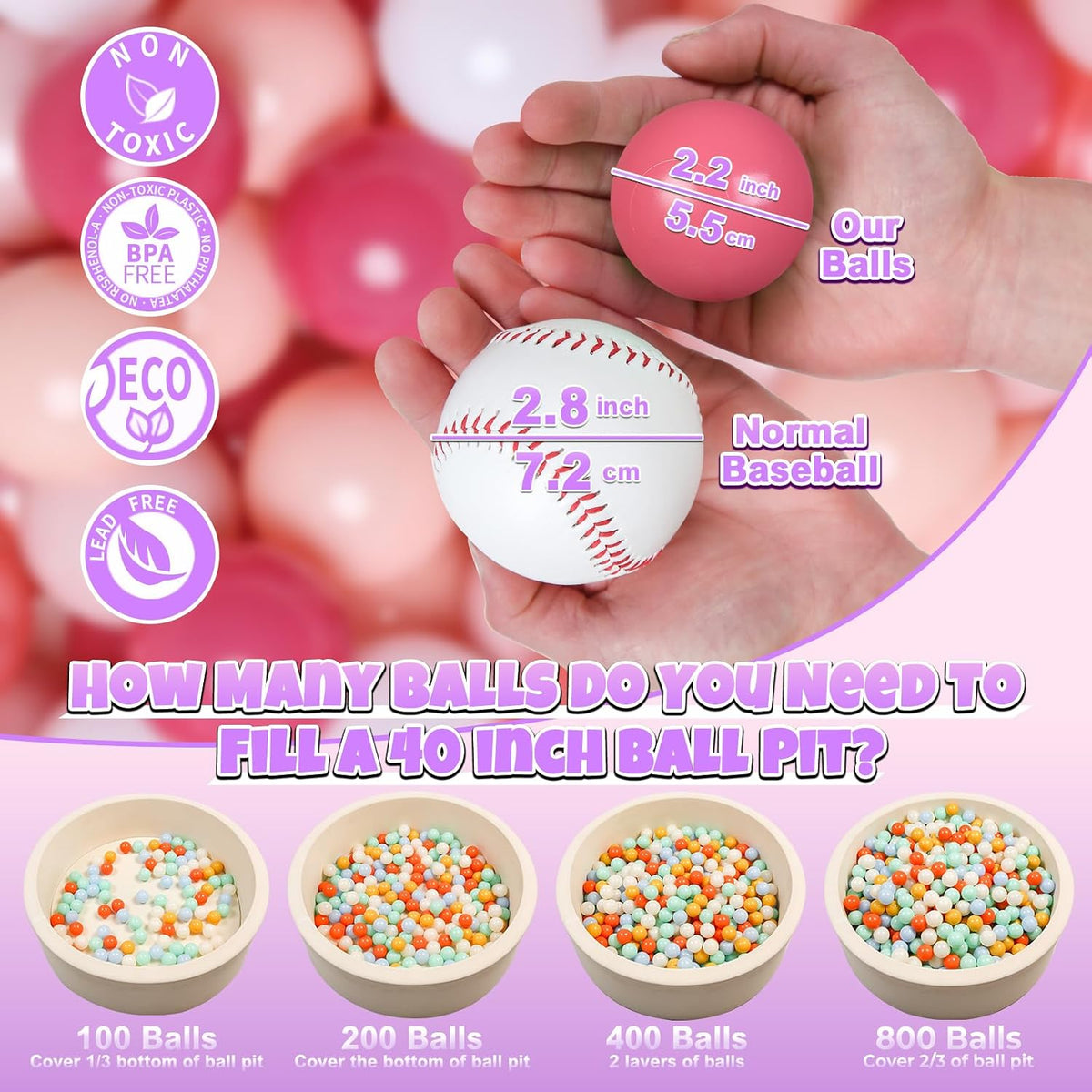 Ball Pits Balls for Toddlers Pack of 50 100 200 Plastics Shape Ball Non-Phthalate Non-BPA Non-Toxic 2.2-Inch Crush Proof Play Balls