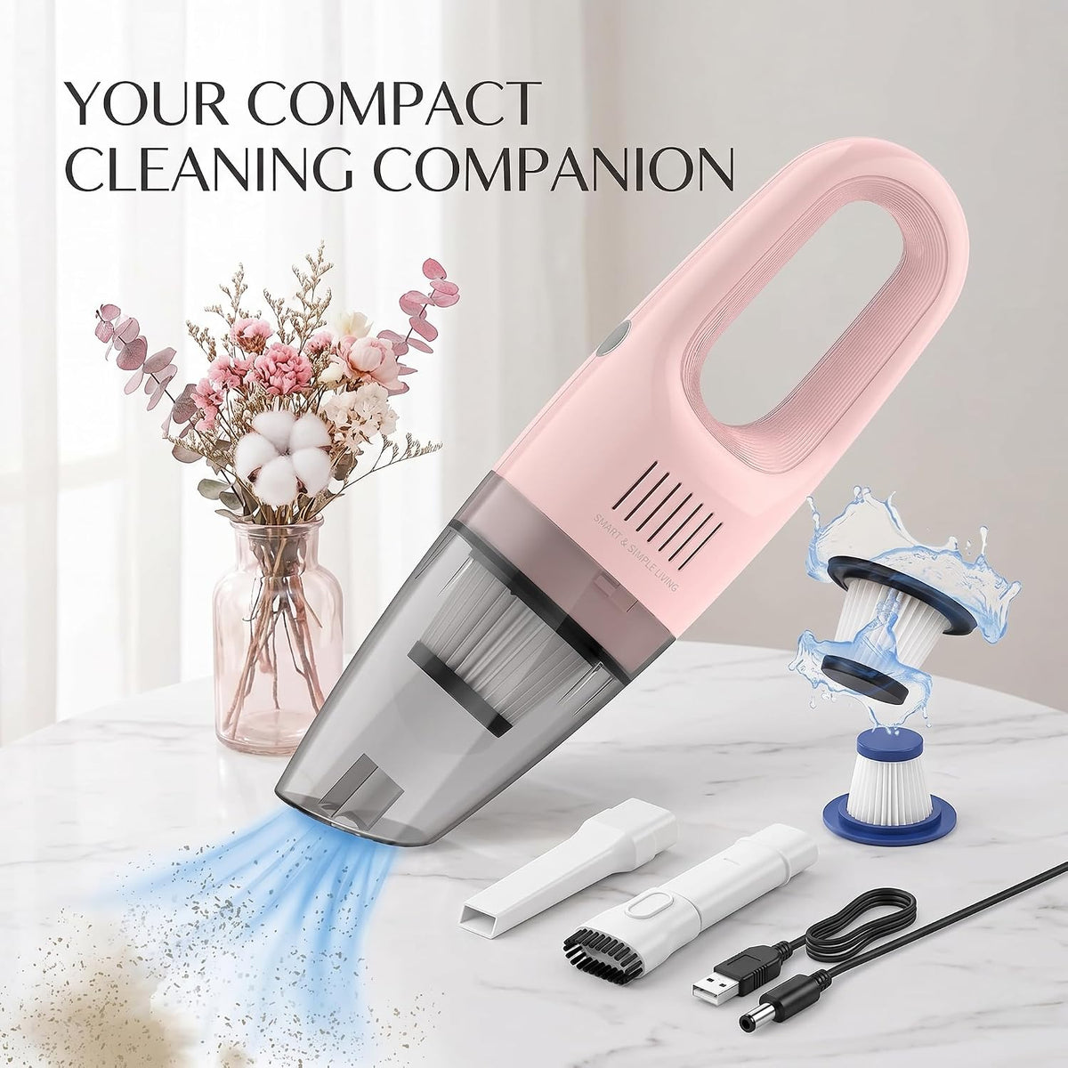 Pink Cordless Portable Car Vacuum Cleaner, High Power Handheld Vacuum