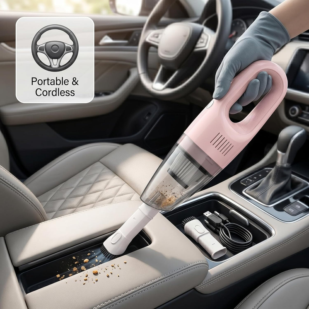 Pink Cordless Portable Car Vacuum Cleaner, High Power Handheld Vacuum