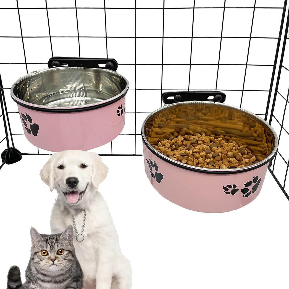 2‑Pack Stainless‑Steel Hanging Dog Crate Food & Water Bowls 25 oz & 34 oz