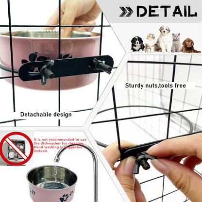 2‑Pack Stainless‑Steel Hanging Dog Crate Food & Water Bowls 25 oz & 34 oz