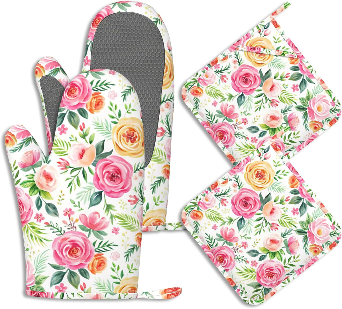 Flowers Pink Rose Pot Holders and Oven Mitts Set Silicone Watercolor Floral Kitchen Gloves Potholders Heat Resistant Washable,Chef Cooking Baking Gifts for Women Men Bakers Lover Cooks