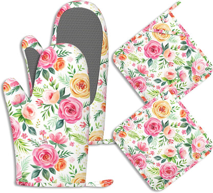 Flowers Pink Rose Pot Holders and Oven Mitts Set Silicone Watercolor Floral Kitchen Gloves Potholders Heat Resistant Washable,Chef Cooking Baking Gifts for Women Men Bakers Lover Cooks