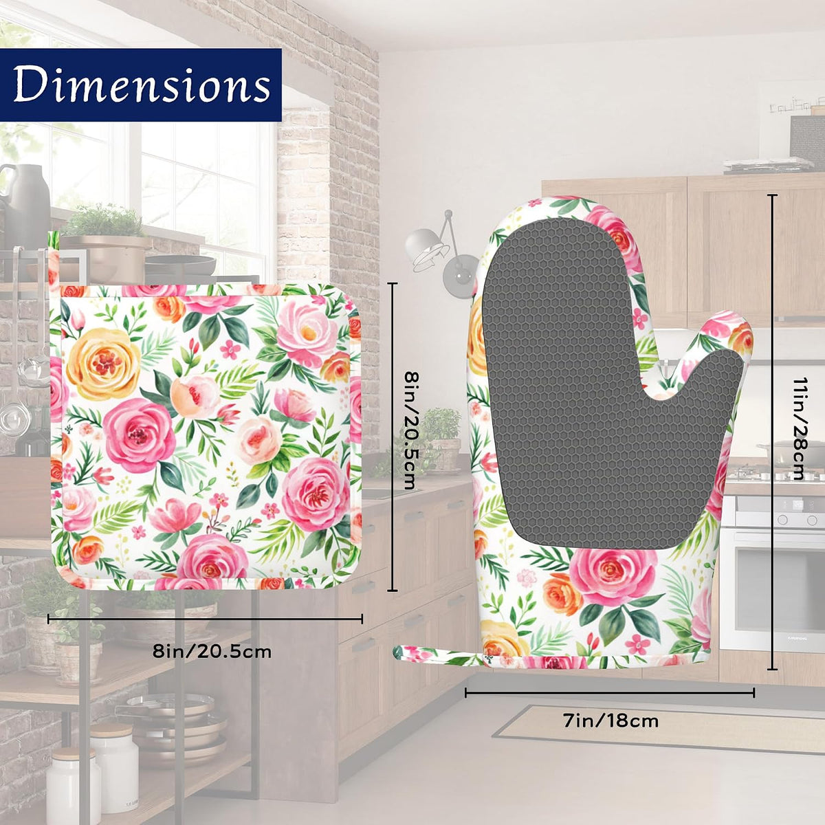 Flowers Pink Rose Pot Holders and Oven Mitts Set Silicone Watercolor Floral Kitchen Gloves Potholders Heat Resistant Washable,Chef Cooking Baking Gifts for Women Men Bakers Lover Cooks