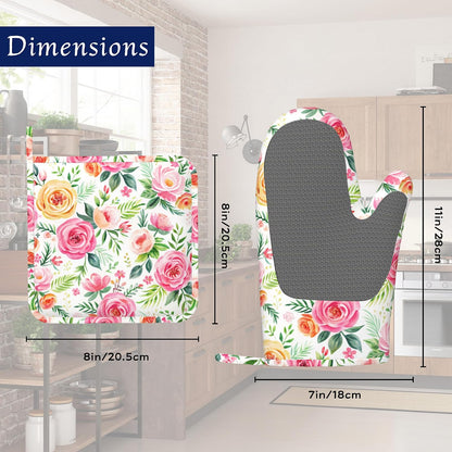 Flowers Pink Rose Pot Holders and Oven Mitts Set Silicone Watercolor Floral Kitchen Gloves Potholders Heat Resistant Washable,Chef Cooking Baking Gifts for Women Men Bakers Lover Cooks