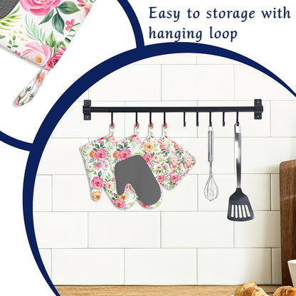 Flowers Pink Rose Pot Holders and Oven Mitts Set Silicone Watercolor Floral Kitchen Gloves Potholders Heat Resistant Washable,Chef Cooking Baking Gifts for Women Men Bakers Lover Cooks
