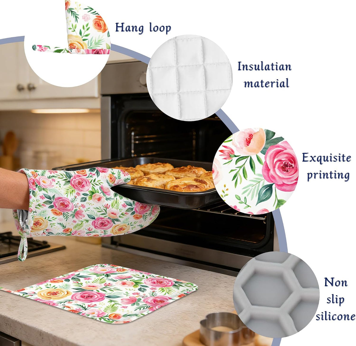 Flowers Pink Rose Pot Holders and Oven Mitts Set Silicone Watercolor Floral Kitchen Gloves Potholders Heat Resistant Washable,Chef Cooking Baking Gifts for Women Men Bakers Lover Cooks