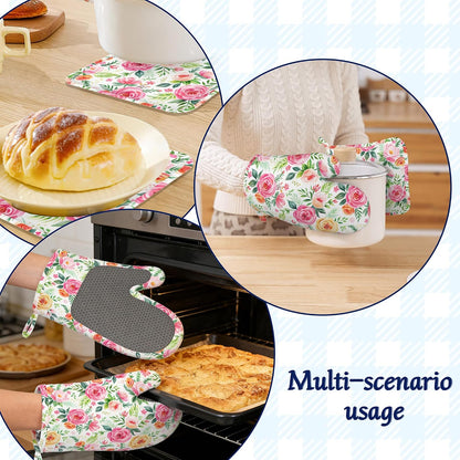 Flowers Pink Rose Pot Holders and Oven Mitts Set Silicone Watercolor Floral Kitchen Gloves Potholders Heat Resistant Washable,Chef Cooking Baking Gifts for Women Men Bakers Lover Cooks