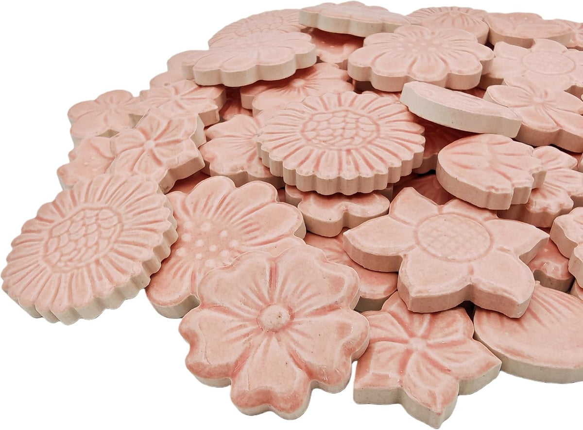 500g/1.1lb Ceramic Mosaic Tiles Mixed Shapes of Flowers, Berries, Mushrooms for Home Decoration or DIY Crafts,Mosaic Puzzle or Mosaic Making Supplies. (Pink)