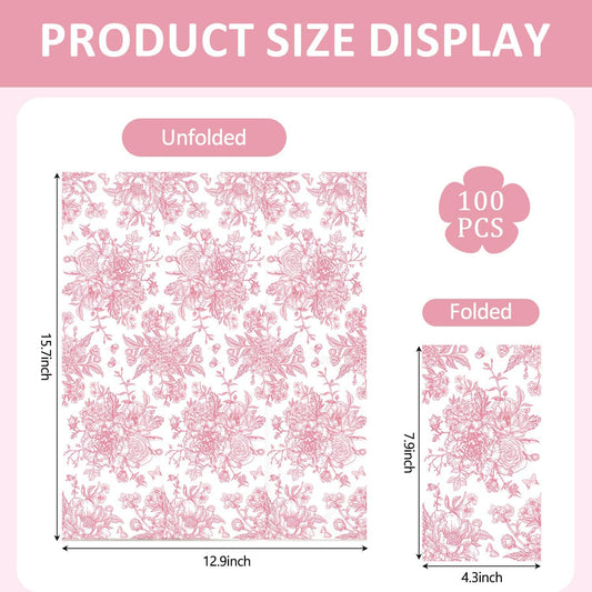 100Pcs Pink Floral Napkins 3 Ply Flower Paper Hand Towels Disposable Decorative Bathroom Hand Towels Guest Dinner Napkin for Kitchen Birthday Wedding Bridal Shower Tea Party