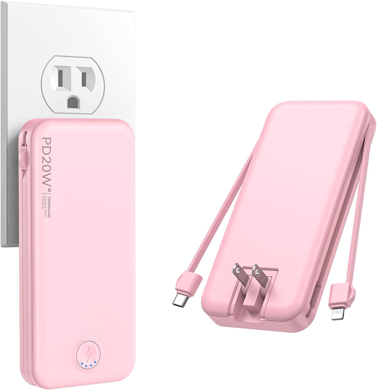 Portable Charger 10000mAh Fast Charging w/Built-in Wall Plug Pink