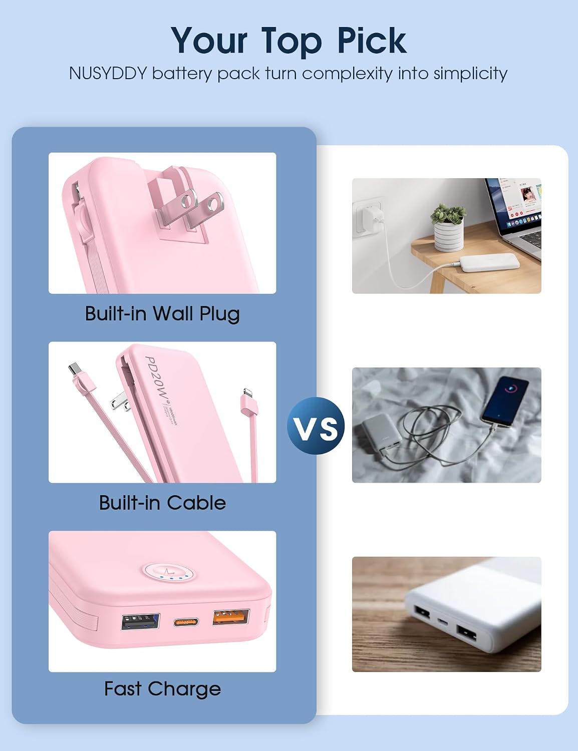 Portable Charger 10000mAh Fast Charging w/Built-in Wall Plug Pink