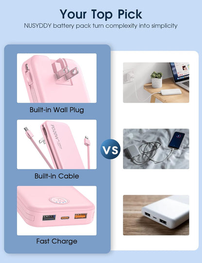 Portable Charger 10000mAh Fast Charging w/Built-in Wall Plug Pink