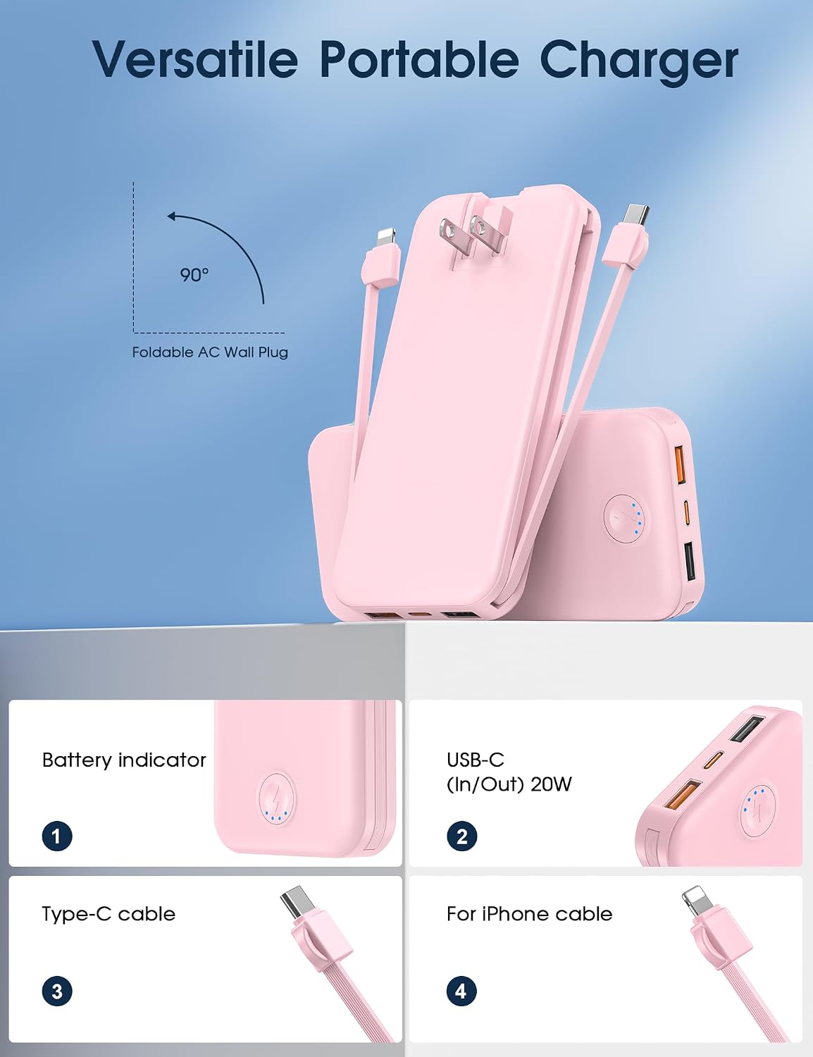 Portable Charger 10000mAh Fast Charging w/Built-in Wall Plug Pink