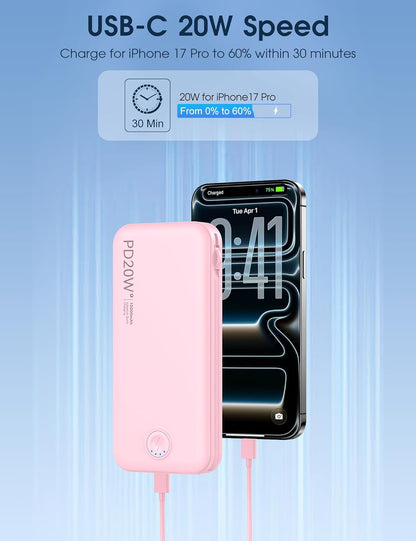 Portable Charger 10000mAh Fast Charging w/Built-in Wall Plug Pink