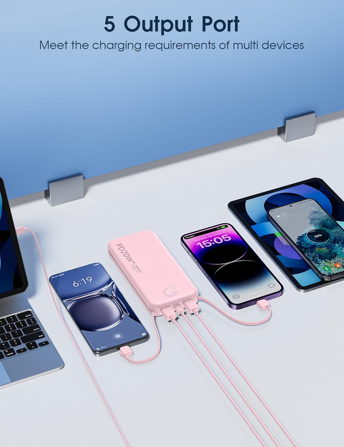 Portable Charger 10000mAh Fast Charging w/Built-in Wall Plug Pink