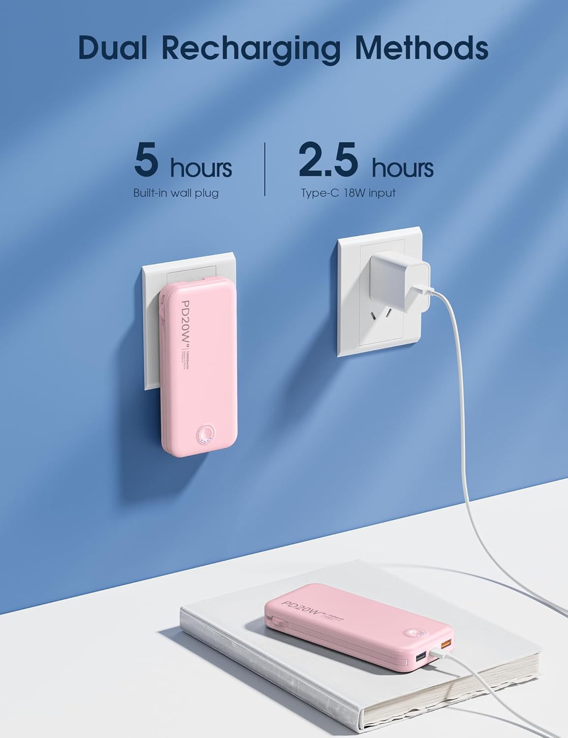 Portable Charger 10000mAh Fast Charging w/Built-in Wall Plug Pink
