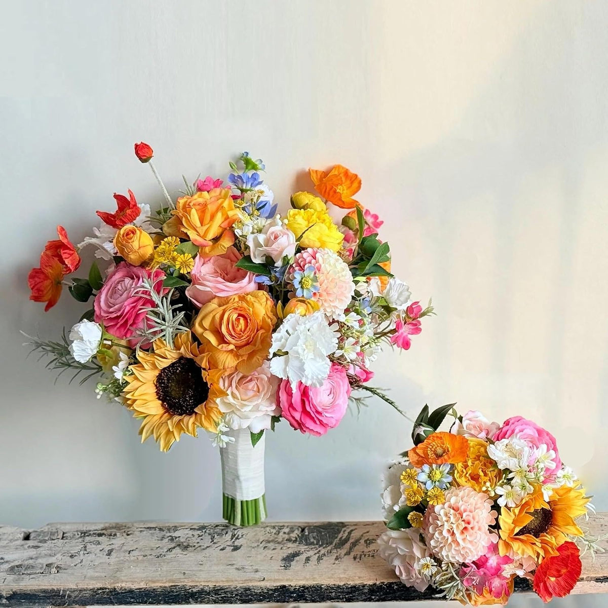 8.5 Inch Sunflower Wedding Bouquets for Bridesmaid, Colorful Orange Hot Pink Real Touch Faux Roses Flowers, Spring Summer Artificial Flowers, Bridesmaid Bouquets for Wedding Ceremony Party