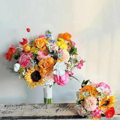 8.5 Inch Sunflower Wedding Bouquets for Bridesmaid, Colorful Orange Hot Pink Real Touch Faux Roses Flowers, Spring Summer Artificial Flowers, Bridesmaid Bouquets for Wedding Ceremony Party