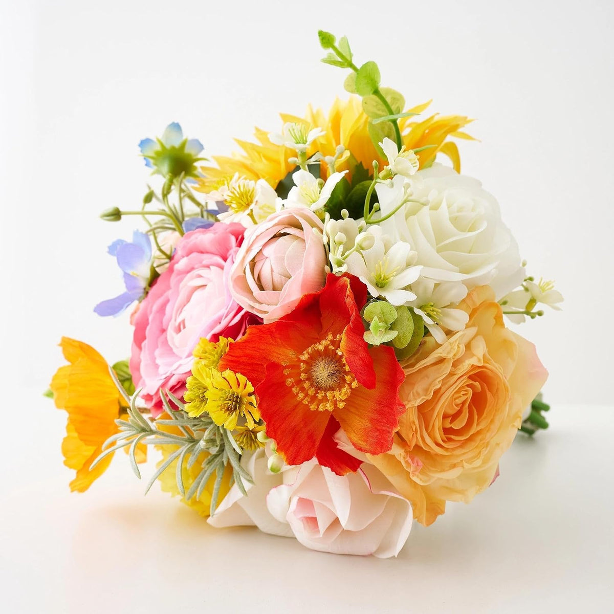 8.5 Inch Sunflower Wedding Bouquets for Bridesmaid, Colorful Orange Hot Pink Real Touch Faux Roses Flowers, Spring Summer Artificial Flowers, Bridesmaid Bouquets for Wedding Ceremony Party