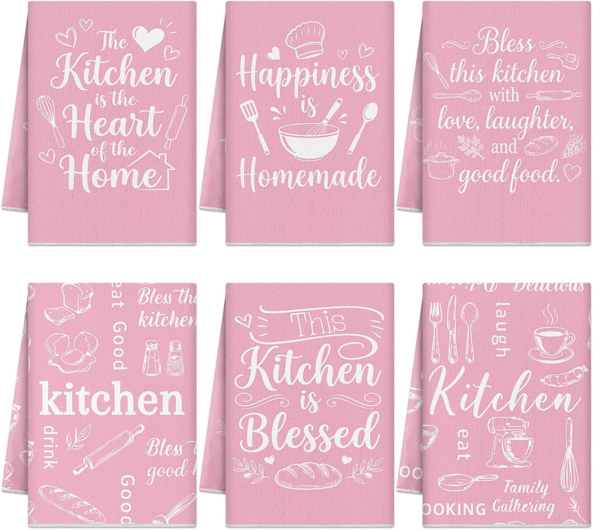 Pink Kitchen Towels Absorbent Microfiber, Cute Decorative Dish Towels for Drying, Heart of The Home Quote Hand Tea Towel Set of 6, Sweet Baking Theme Decor Gifts for Mom Women, 16x24 Inch
