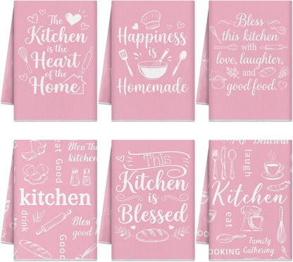 Pink Kitchen Towels Absorbent Microfiber, Cute Decorative Dish Towels for Drying, Heart of The Home Quote Hand Tea Towel Set of 6, Sweet Baking Theme Decor Gifts for Mom Women, 16x24 Inch