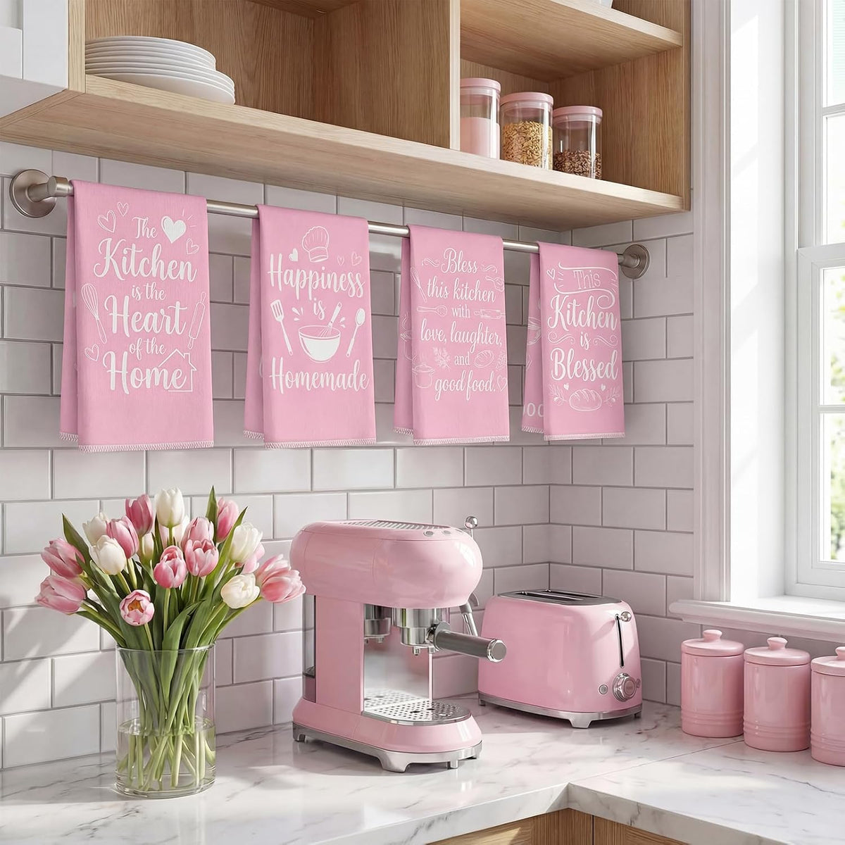 Pink Kitchen Towels Absorbent Microfiber, Cute Decorative Dish Towels for Drying, Heart of The Home Quote Hand Tea Towel Set of 6, Sweet Baking Theme Decor Gifts for Mom Women, 16x24 Inch