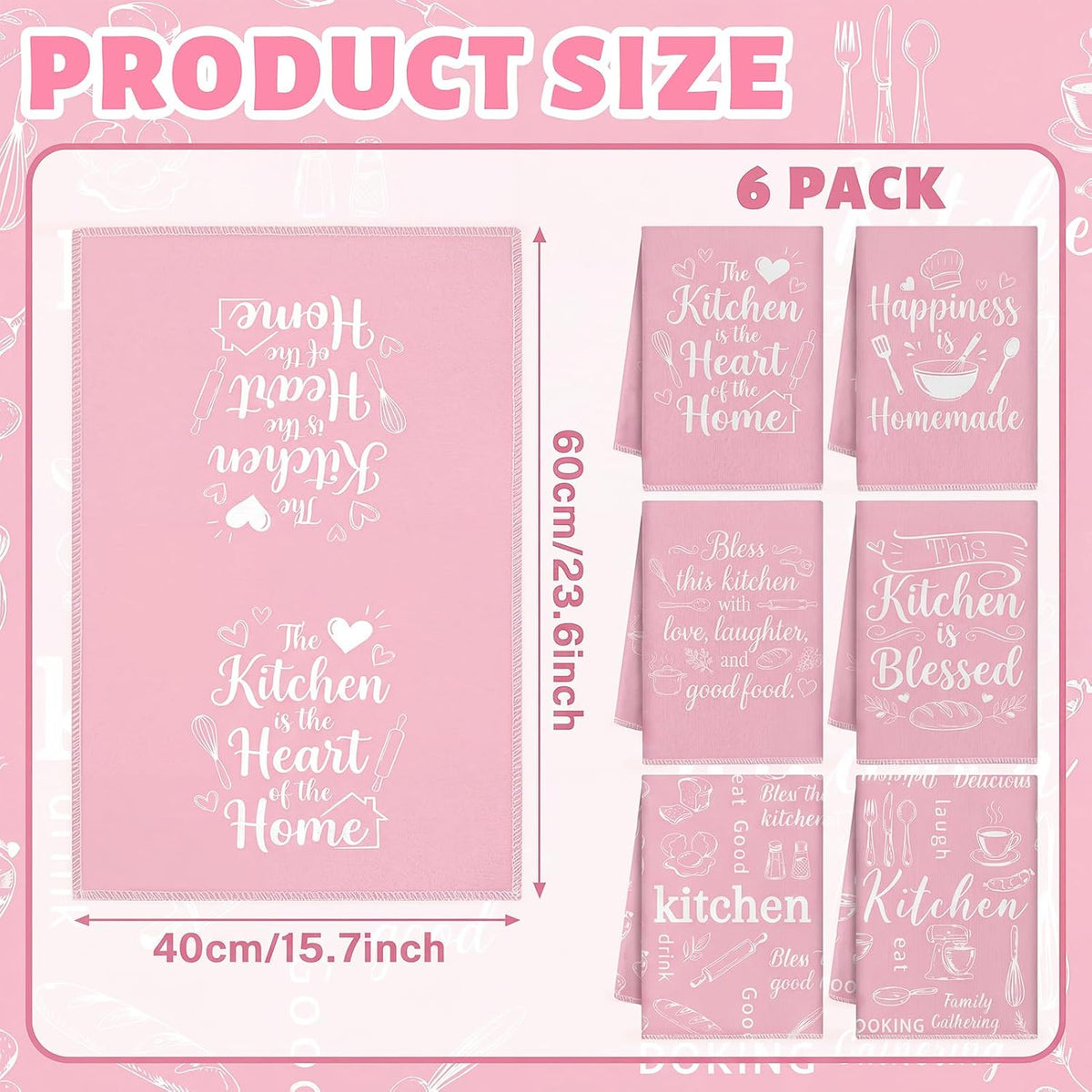 Pink Kitchen Towels Absorbent Microfiber, Cute Decorative Dish Towels for Drying, Heart of The Home Quote Hand Tea Towel Set of 6, Sweet Baking Theme Decor Gifts for Mom Women, 16x24 Inch