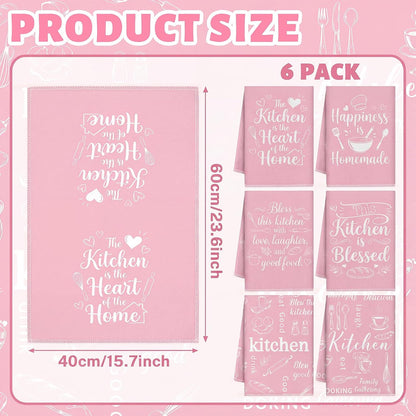 Pink Kitchen Towels Absorbent Microfiber, Cute Decorative Dish Towels for Drying, Heart of The Home Quote Hand Tea Towel Set of 6, Sweet Baking Theme Decor Gifts for Mom Women, 16x24 Inch