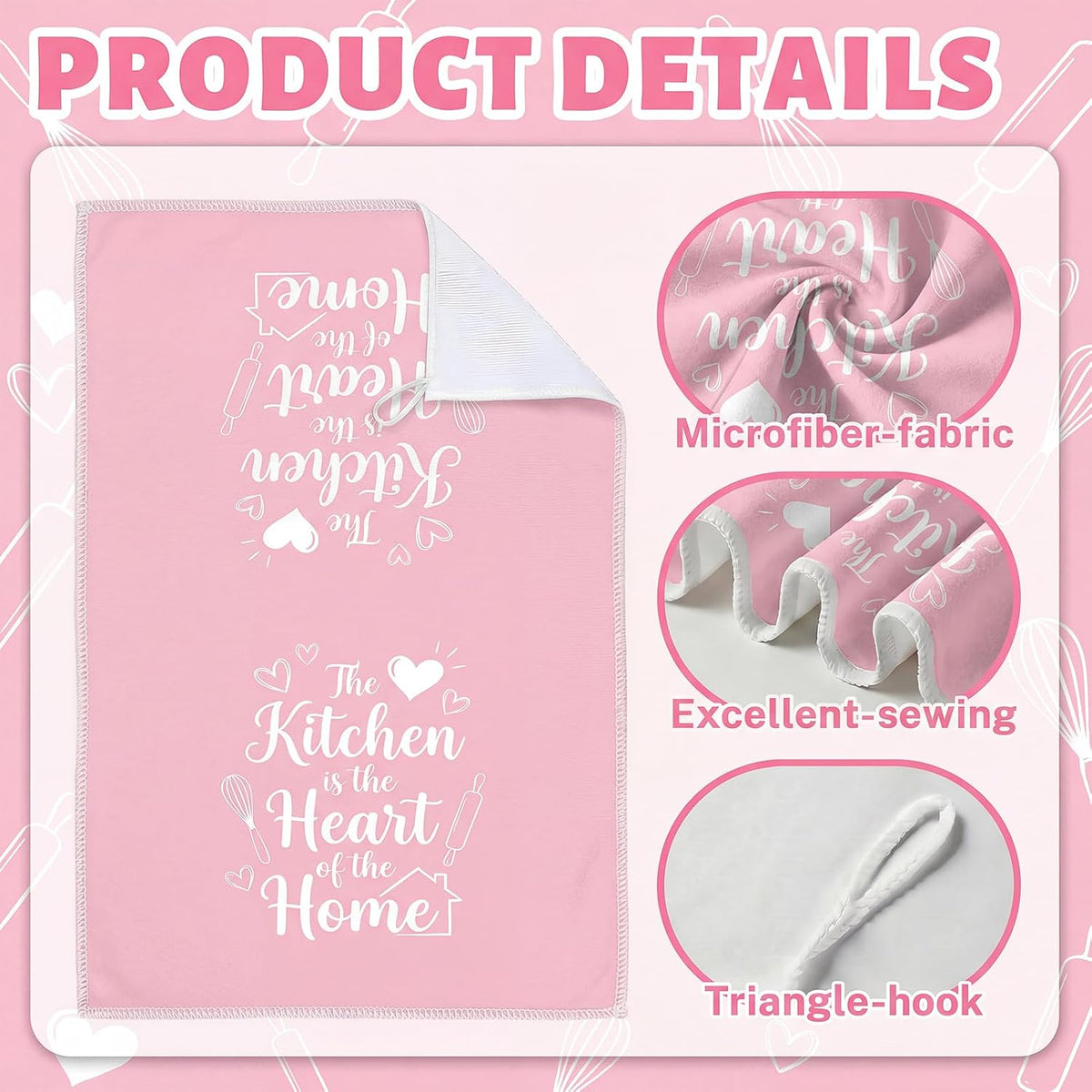 Pink Kitchen Towels Absorbent Microfiber, Cute Decorative Dish Towels for Drying, Heart of The Home Quote Hand Tea Towel Set of 6, Sweet Baking Theme Decor Gifts for Mom Women, 16x24 Inch