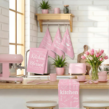 Pink Kitchen Towels Absorbent Microfiber, Cute Decorative Dish Towels for Drying, Heart of The Home Quote Hand Tea Towel Set of 6, Sweet Baking Theme Decor Gifts for Mom Women, 16x24 Inch