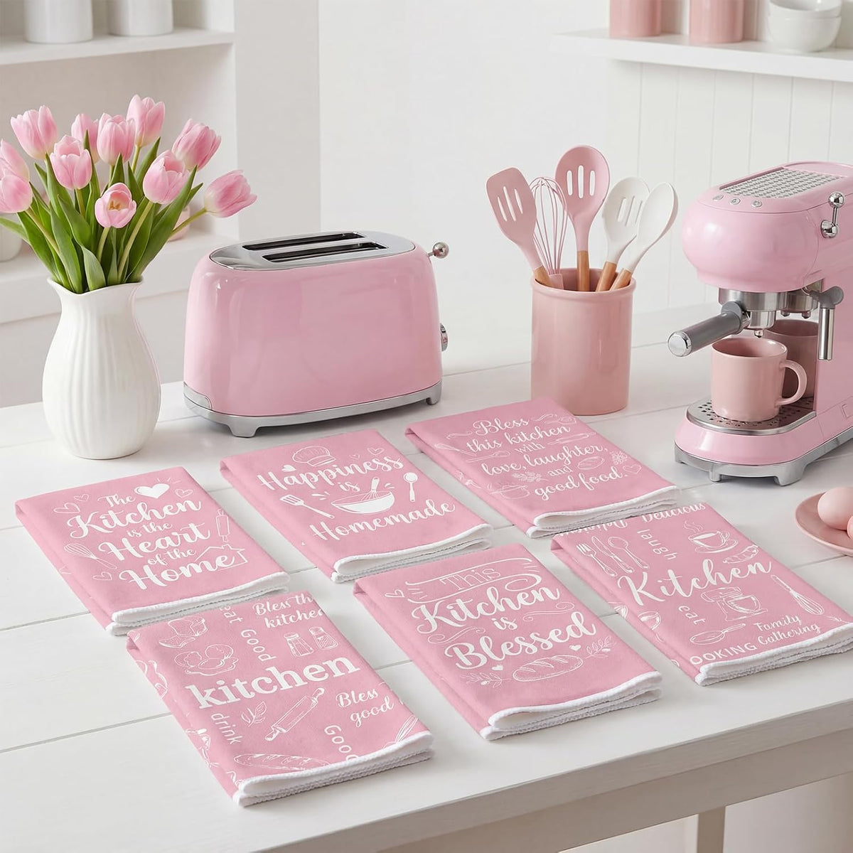 Pink Kitchen Towels Absorbent Microfiber, Cute Decorative Dish Towels for Drying, Heart of The Home Quote Hand Tea Towel Set of 6, Sweet Baking Theme Decor Gifts for Mom Women, 16x24 Inch