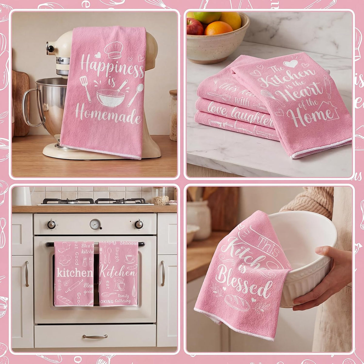 Pink Kitchen Towels Absorbent Microfiber, Cute Decorative Dish Towels for Drying, Heart of The Home Quote Hand Tea Towel Set of 6, Sweet Baking Theme Decor Gifts for Mom Women, 16x24 Inch