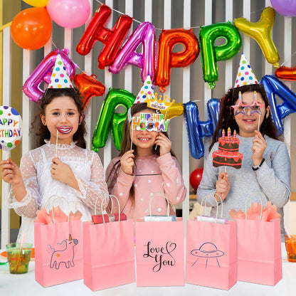 BLEWINDZ 32Pcs Small Paper Gift Bags with Tissues, Pink Party Favor Bags with Handles, 8.7" Goodie Bag for Birthday, Shopping, Party Supplies