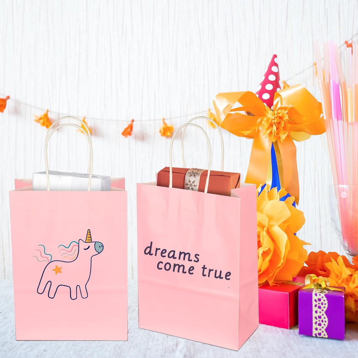 BLEWINDZ 32Pcs Small Paper Gift Bags with Tissues, Pink Party Favor Bags with Handles, 8.7" Goodie Bag for Birthday, Shopping, Party Supplies