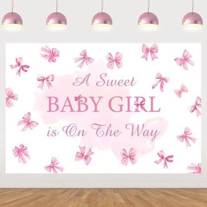 A Sweet Baby Girl is On The Way Backdrop Pink Bow Girls Baby Shower Decoration Baby Shower Bow Theme Girl Background It's A Girl Party Banner Gender Reveal Photo Booth Props Supplies