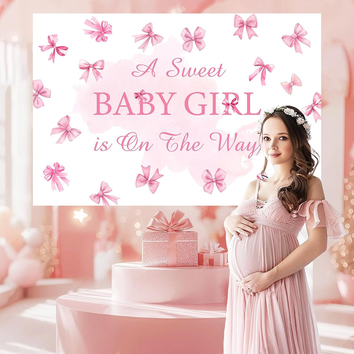 A Sweet Baby Girl is On The Way Backdrop Pink Bow Girls Baby Shower Decoration Baby Shower Bow Theme Girl Background It's A Girl Party Banner Gender Reveal Photo Booth Props Supplies