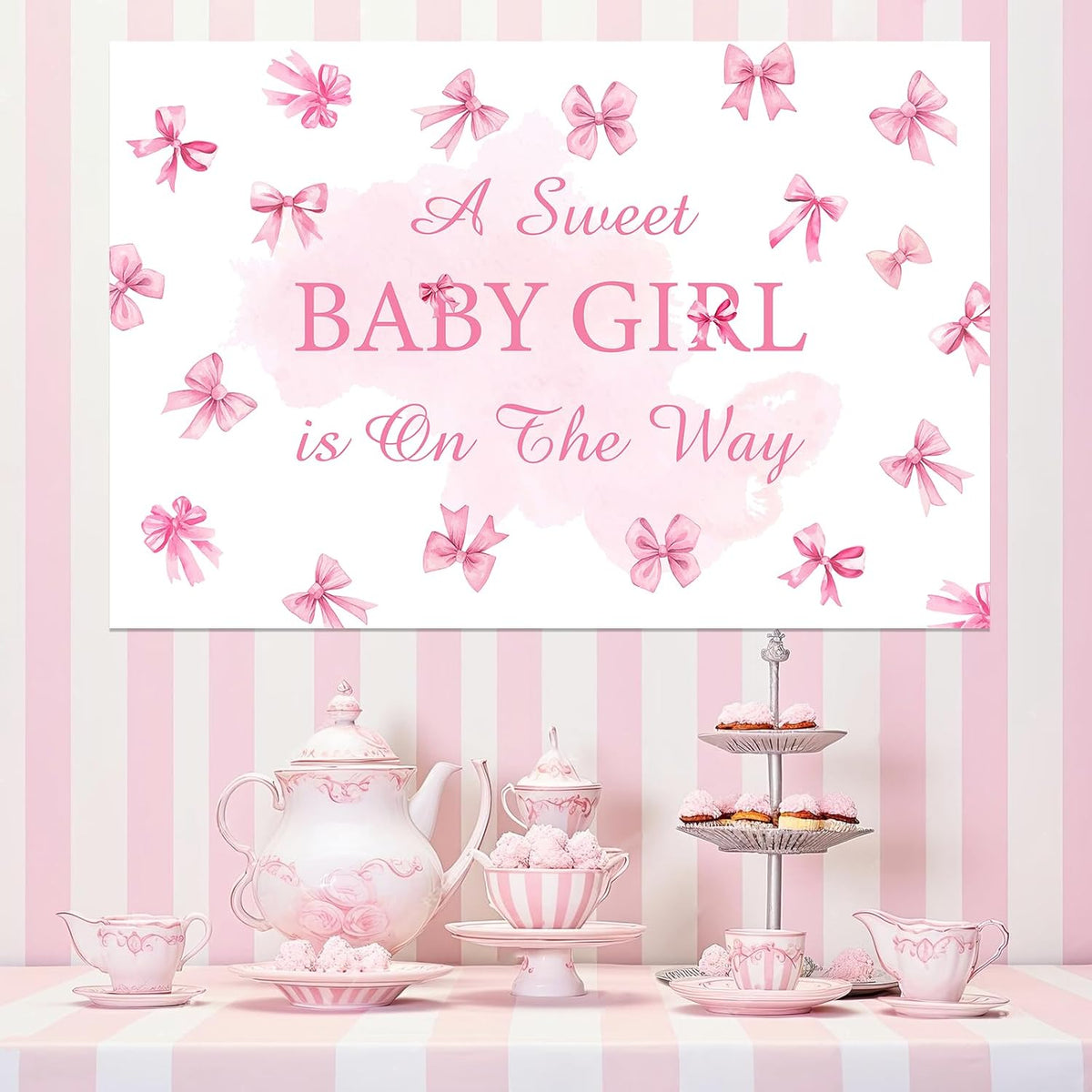 A Sweet Baby Girl is On The Way Backdrop Pink Bow Girls Baby Shower Decoration Baby Shower Bow Theme Girl Background It's A Girl Party Banner Gender Reveal Photo Booth Props Supplies