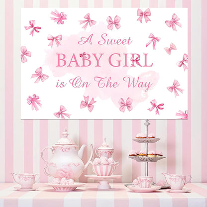 A Sweet Baby Girl is On The Way Backdrop Pink Bow Girls Baby Shower Decoration Baby Shower Bow Theme Girl Background It's A Girl Party Banner Gender Reveal Photo Booth Props Supplies