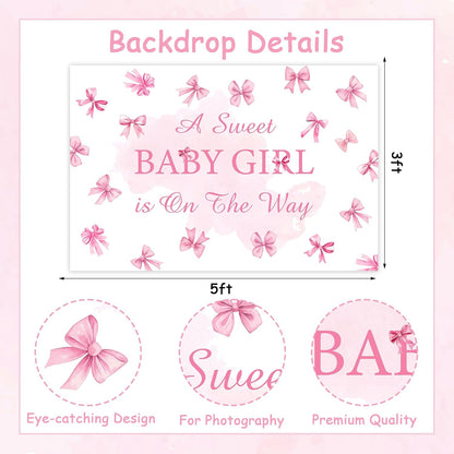 A Sweet Baby Girl is On The Way Backdrop Pink Bow Girls Baby Shower Decoration Baby Shower Bow Theme Girl Background It's A Girl Party Banner Gender Reveal Photo Booth Props Supplies