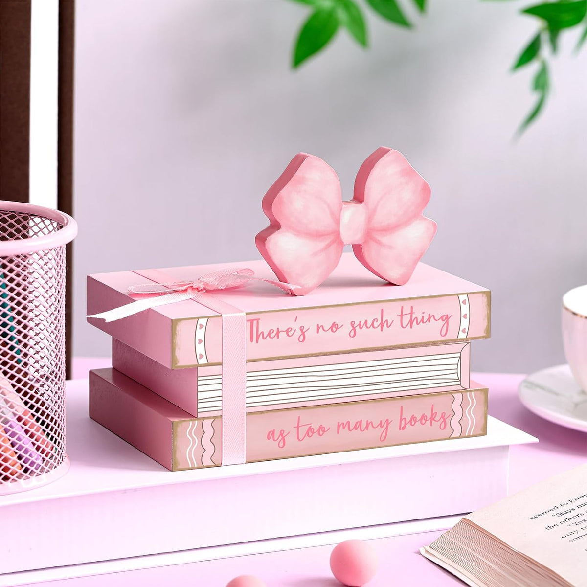 Pink Bow Coquette Mini Bathroom Room Sign Decor Wooden Bedroom Shelf Decor Mini Preppy Farmhouse Tiered Tray Ornament Reversible Book Rome Shelf Signs for Toilet Home Wall