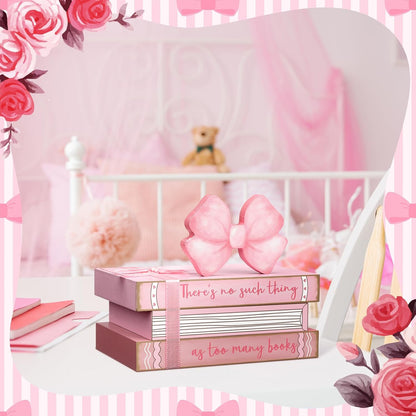 Pink Bow Coquette Mini Bathroom Room Sign Decor Wooden Bedroom Shelf Decor Mini Preppy Farmhouse Tiered Tray Ornament Reversible Book Rome Shelf Signs for Toilet Home Wall