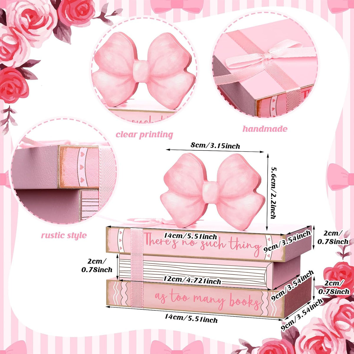 Pink Bow Coquette Mini Bathroom Room Sign Decor Wooden Bedroom Shelf Decor Mini Preppy Farmhouse Tiered Tray Ornament Reversible Book Rome Shelf Signs for Toilet Home Wall
