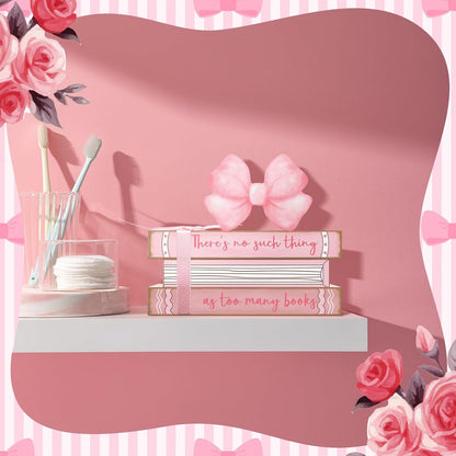 Pink Bow Coquette Mini Bathroom Room Sign Decor Wooden Bedroom Shelf Decor Mini Preppy Farmhouse Tiered Tray Ornament Reversible Book Rome Shelf Signs for Toilet Home Wall