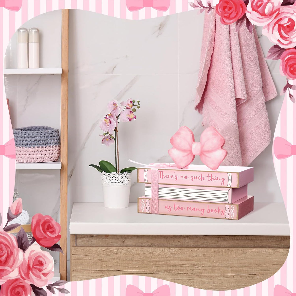 Pink Bow Coquette Mini Bathroom Room Sign Decor Wooden Bedroom Shelf Decor Mini Preppy Farmhouse Tiered Tray Ornament Reversible Book Rome Shelf Signs for Toilet Home Wall