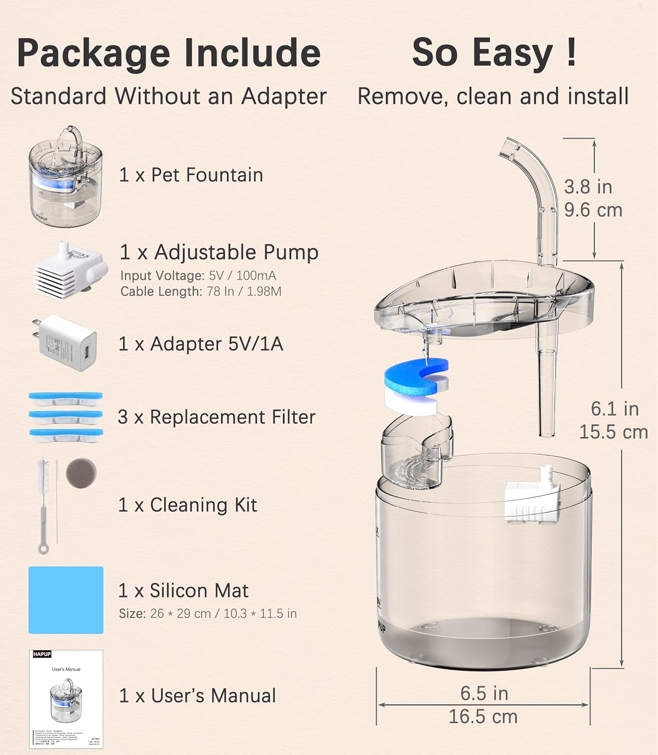 Cat Water Fountain Animal Water Dispenser 61OZ/1.8L Automatic Pet Drinking Fountain with 3 Filter Replacement 1 Pump 1 Cleaning Brush kit 1 Silicone Food Mat 1 Adapter for Cats Kitty Indoor